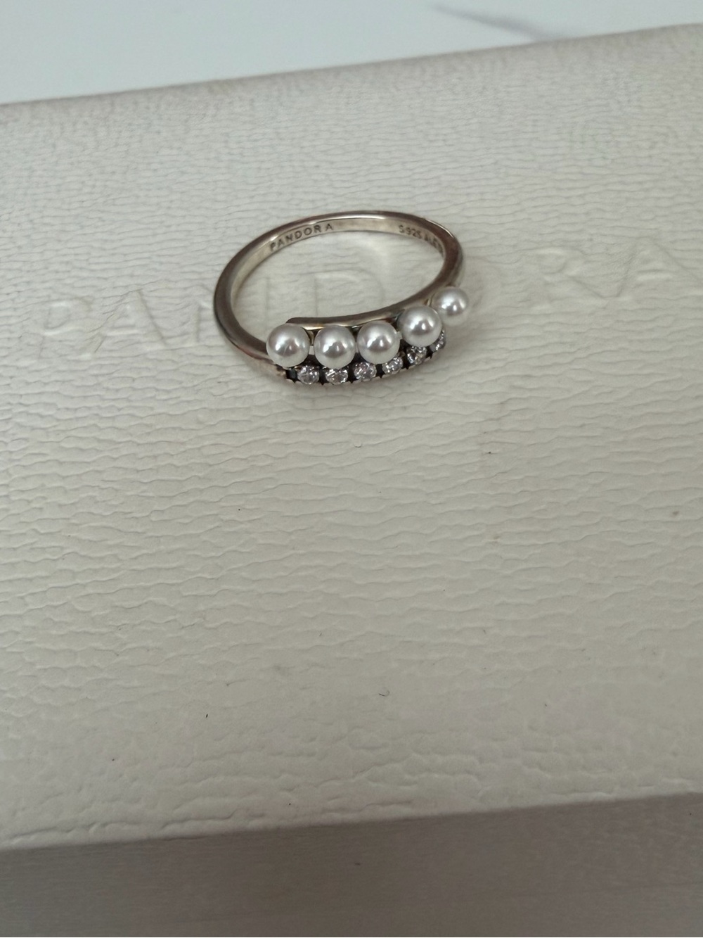 Pandora Treated Freshwater Cultured Pearls & Pavé Open Ring Size 8 Silver